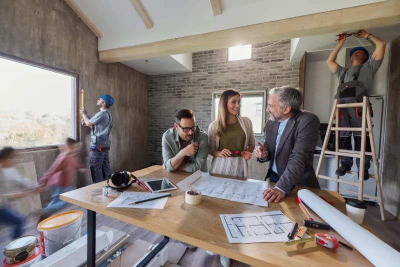 Construction team reviewing blueprints together