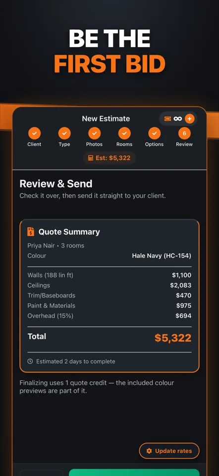 Painting estimate builder — price a full interior quote in minutes on your phone