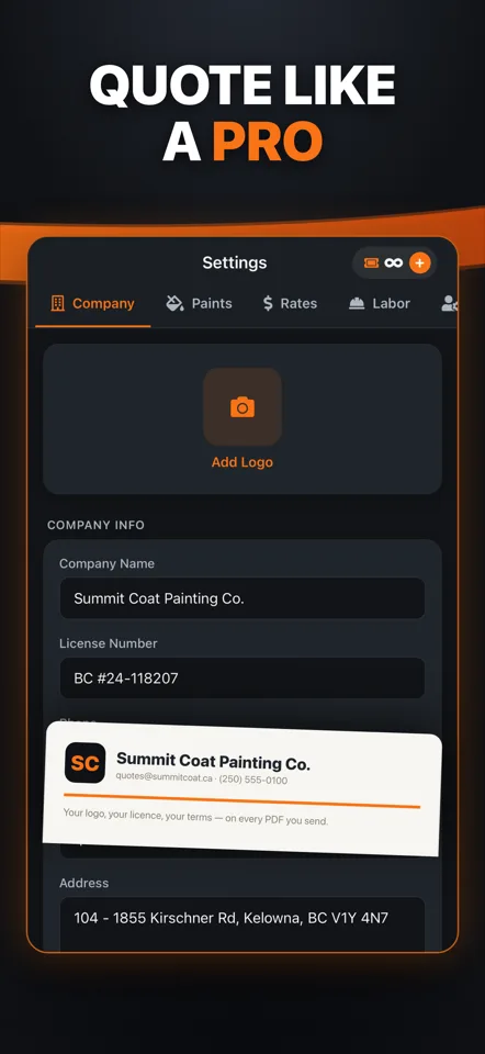 Your company logo and licence on every professional painting quote PDF