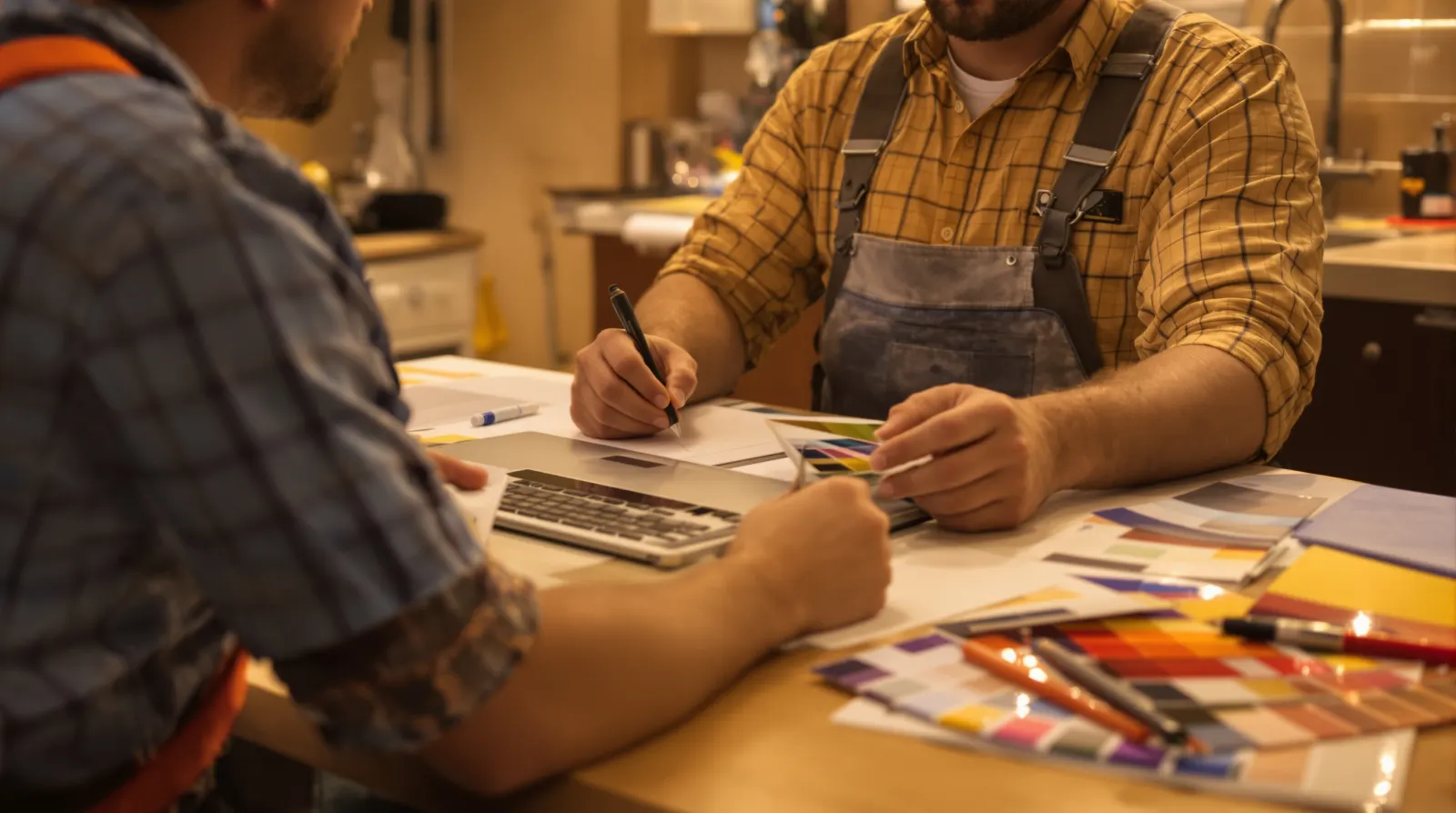 Painting contractor working through business numbers at a table with colour swatches and a notebook
