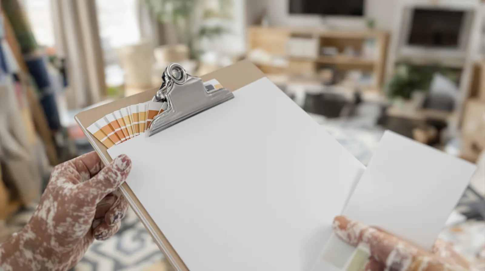 Painter's hands holding a clipboard with a blank estimate sheet and paint swatch cards