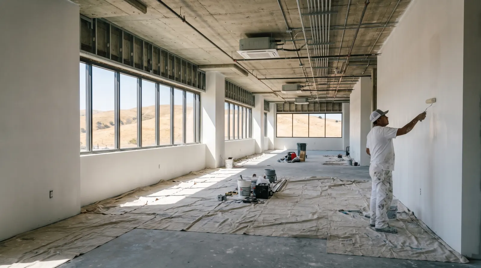 Painter rolling out the walls of a large empty commercial office space, dry hills visible through the windows