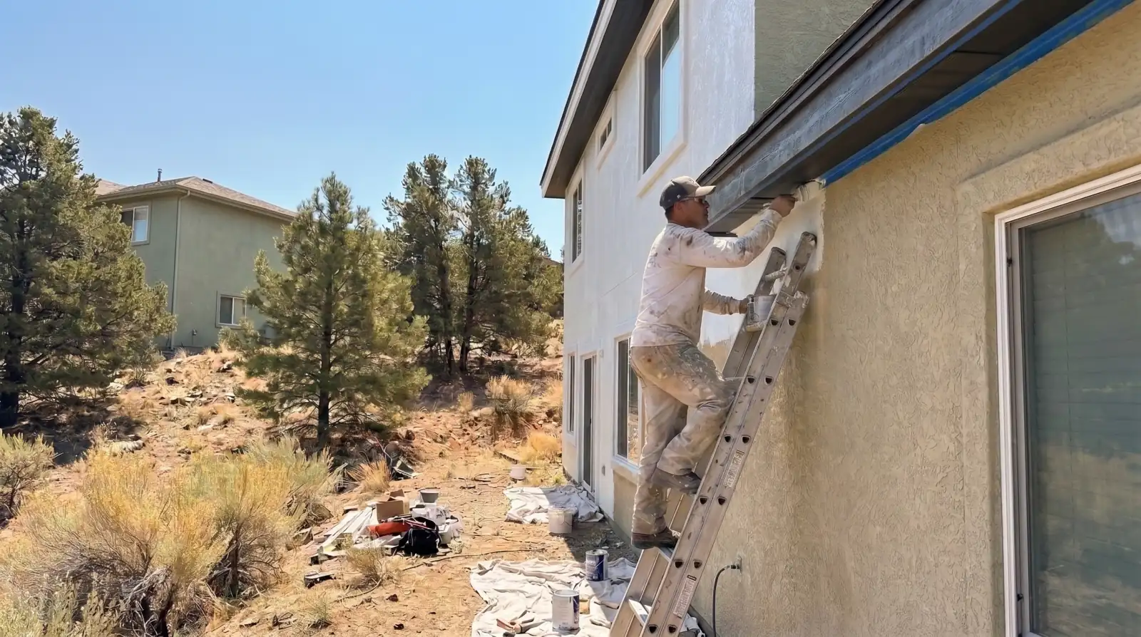 Painter on a ladder cutting in the fascia trim of a stucco home on a dry Okanagan hillside