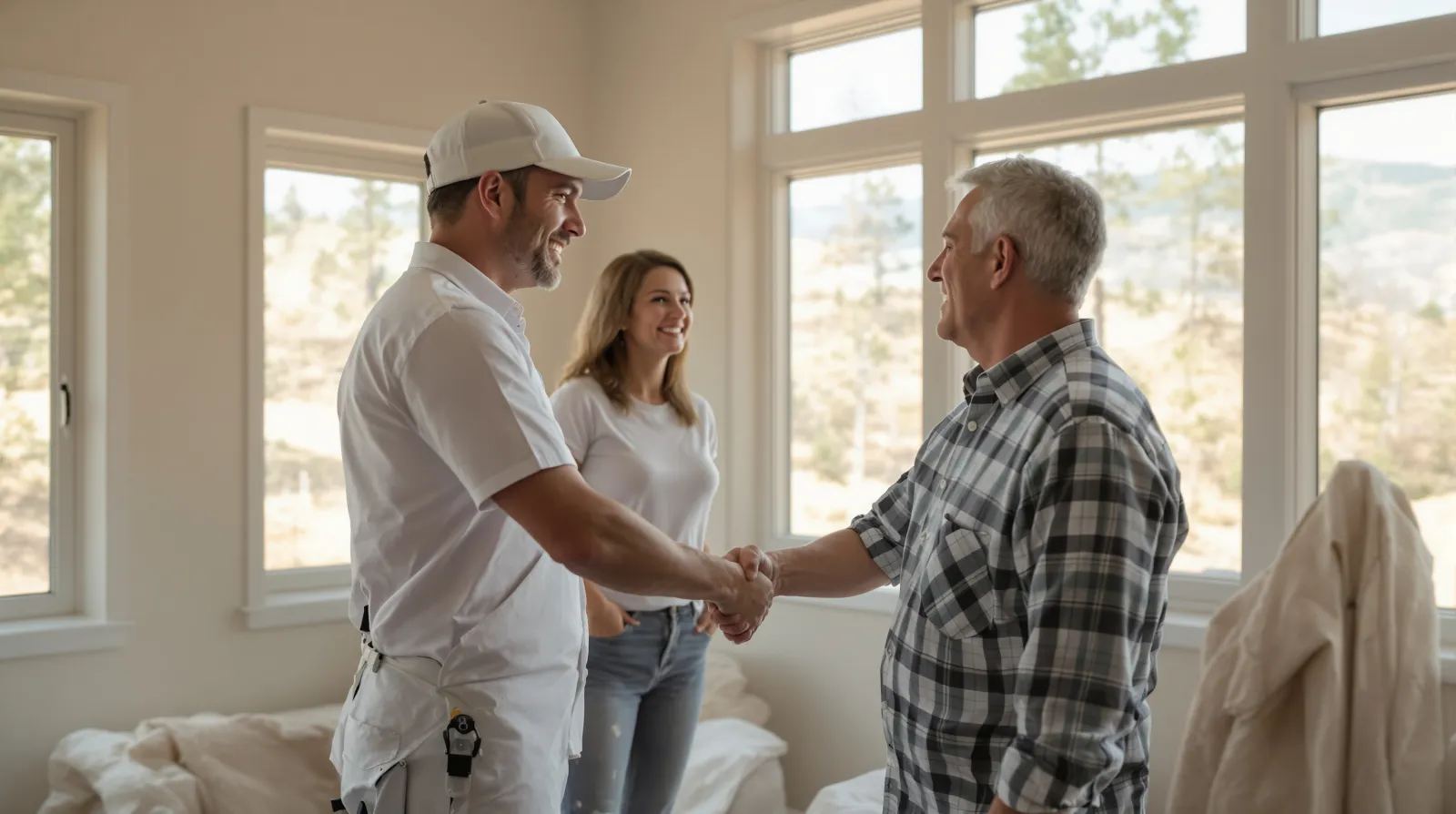 Painter shaking hands with homeowners in a freshly painted room after agreeing on the quote