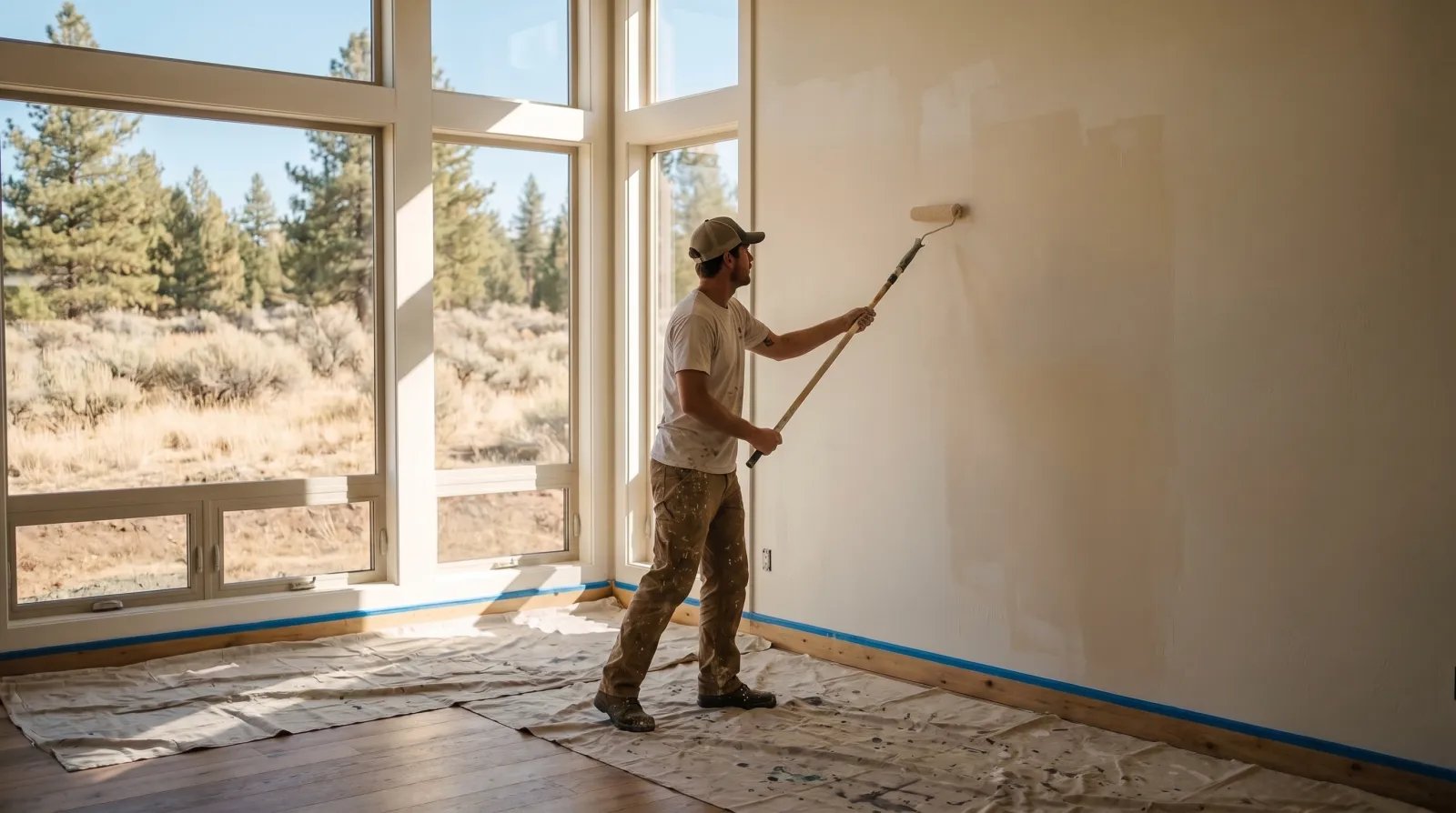 Painter rolling a fresh coat onto an interior wall with an extension pole, taped baseboards and drop cloths