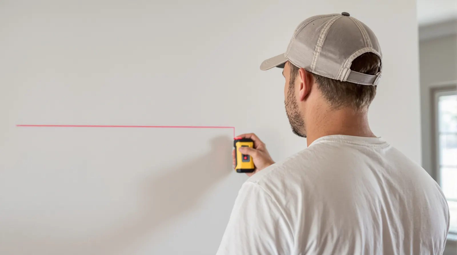 Contractor measuring a wall with a laser distance measurer before pricing a painting job