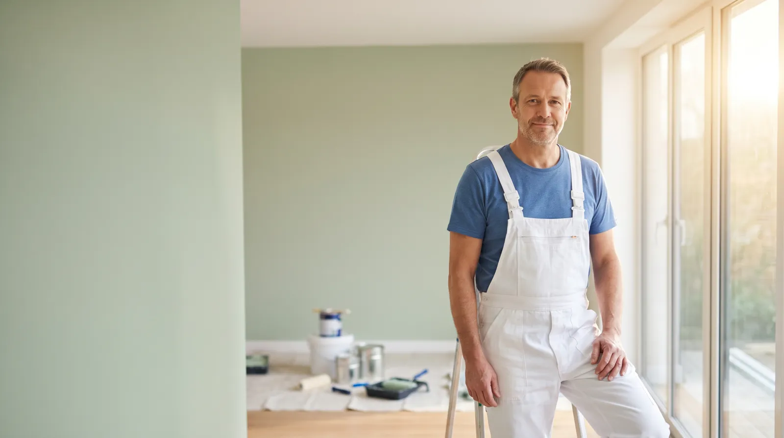 Professional painter standing confidently in a freshly painted room with paint supplies on the drop cloths behind