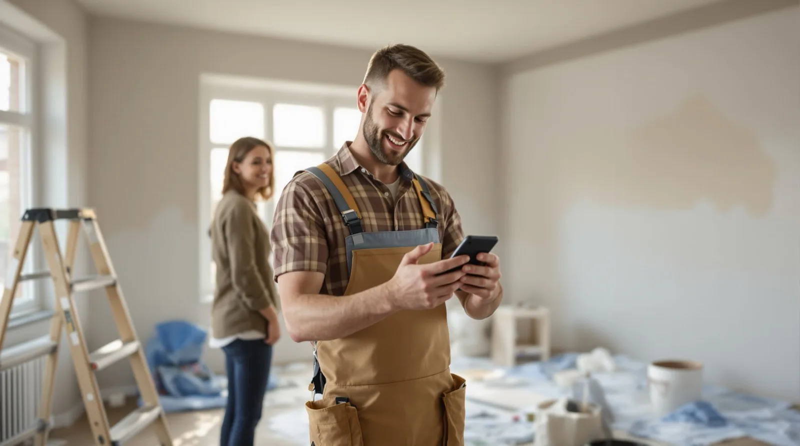 Painting contractor showing a finished quote on his phone to homeowners in a half-painted living room