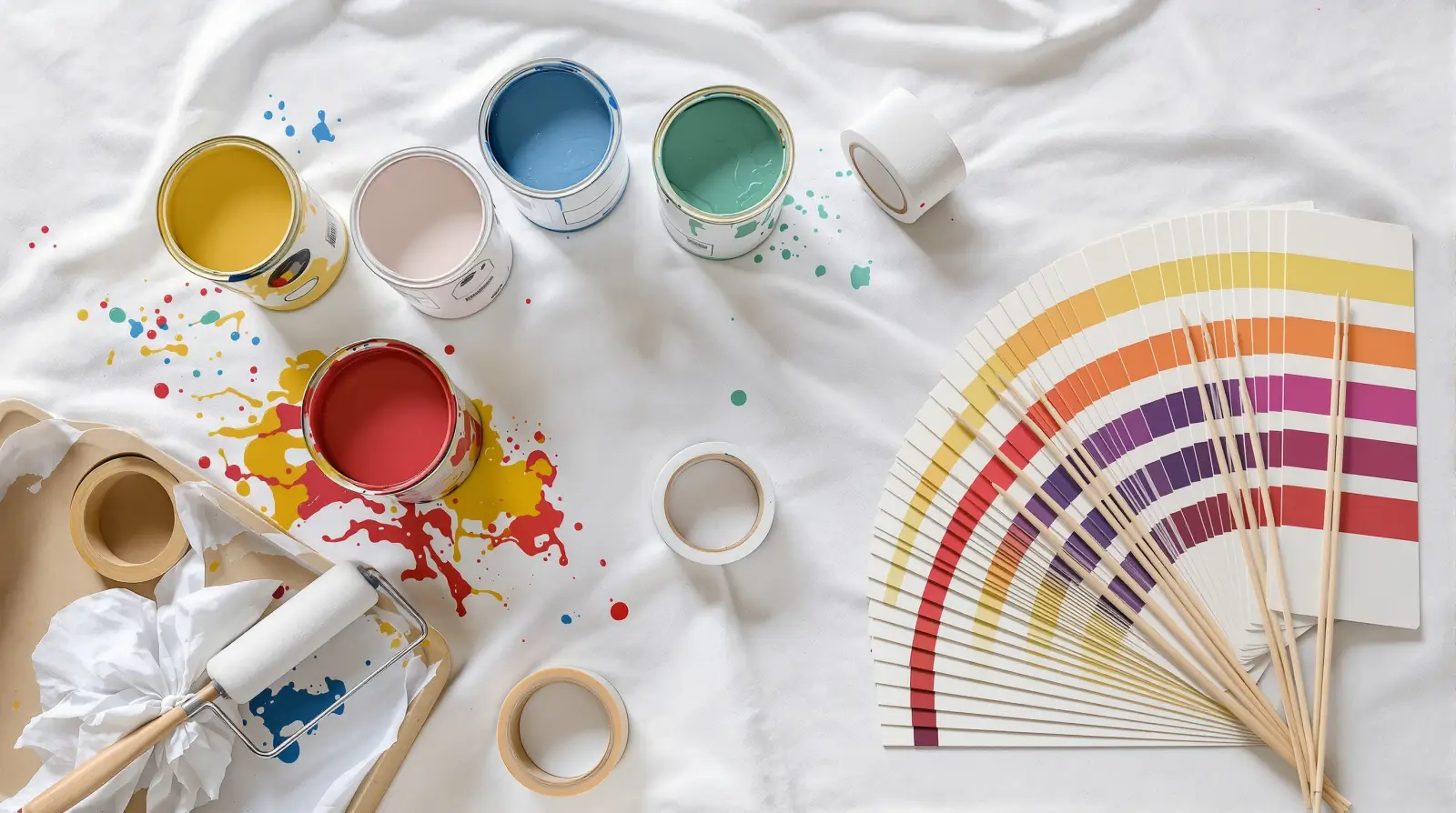 Overhead view of painting supplies — paint cans, roller and tray, tape and colour swatches on a drop cloth