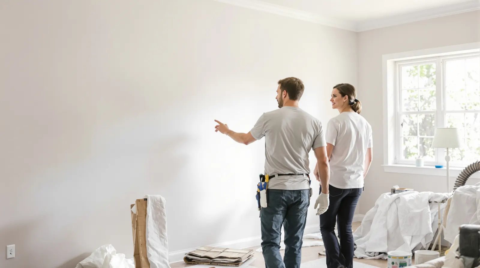 Painting contractor walking a homeowner through a room before quoting the repaint