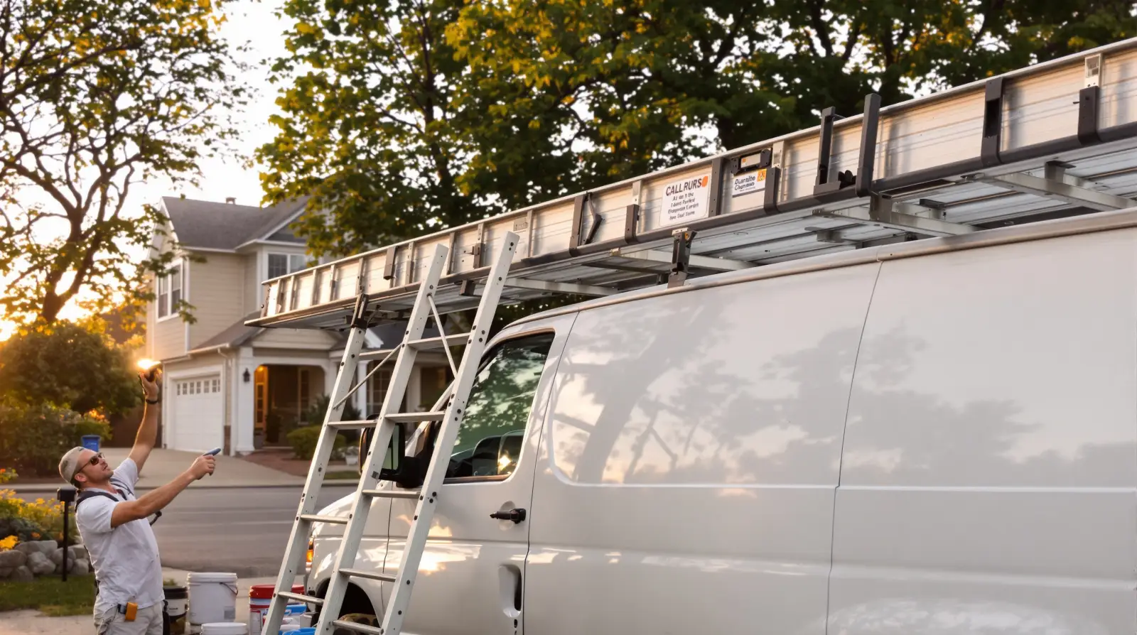 Painter's work van with an extension ladder on the roof rack, loaded for the day's jobs